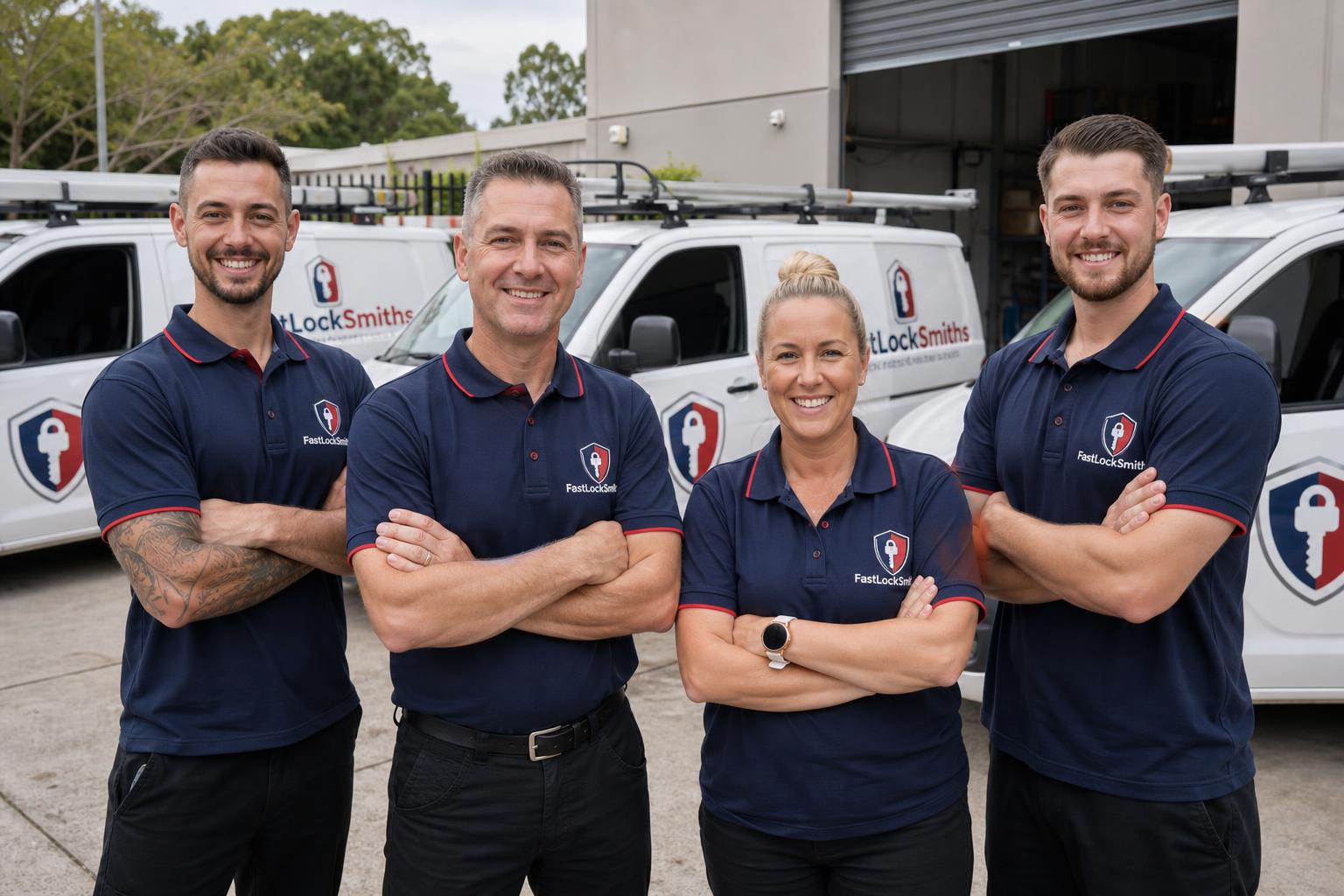 The Local Lock Smith Sydney team in branded polos with their service vans